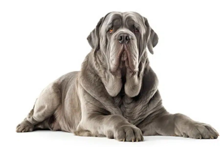 A powerful Neapolitan Mastiff lying on the ground.