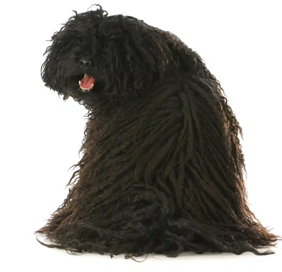 A sitting Puli dog looking over its shoulder