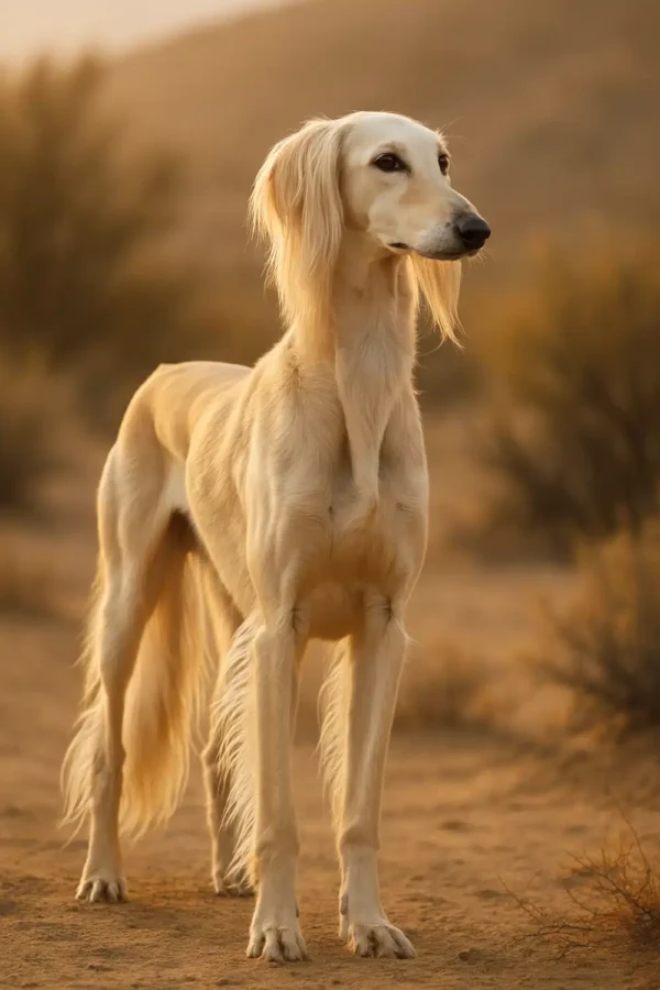 A Saluki dog standing tall with its elegant coat and proud posture.