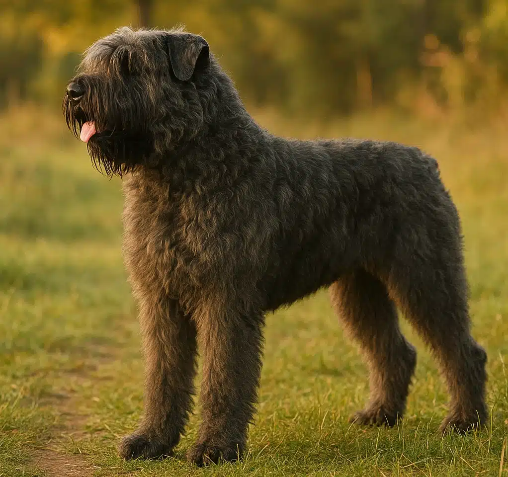A Bouvier des Flandres standing in a field of grass and looking intently into the distance.