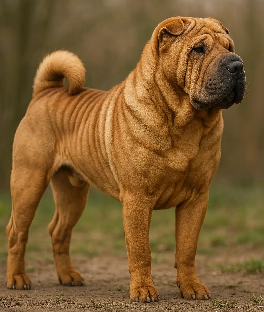 A wrinkly Chinese Shar Pei standing and staring intently into the distance.