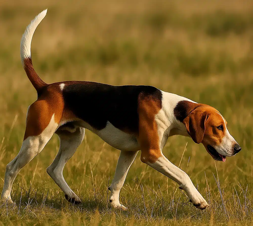 An English Foxhound on a scent in a field.