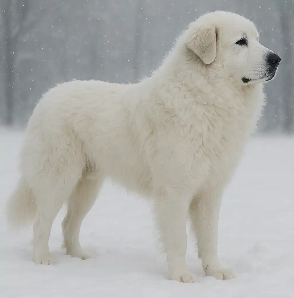 A Great Pyrenees dog standing in the snow.