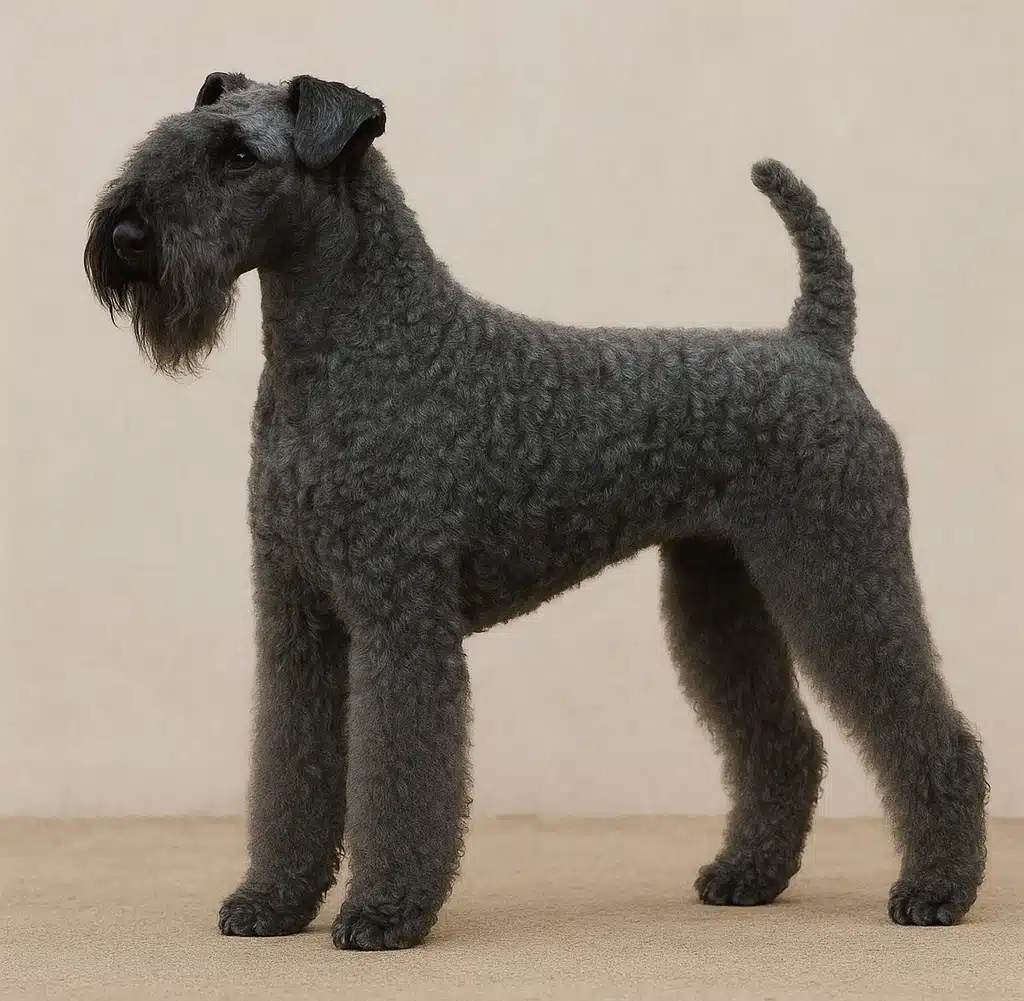 A beautiful Kerry Blue Terrier standing and looking attentively into the distance.