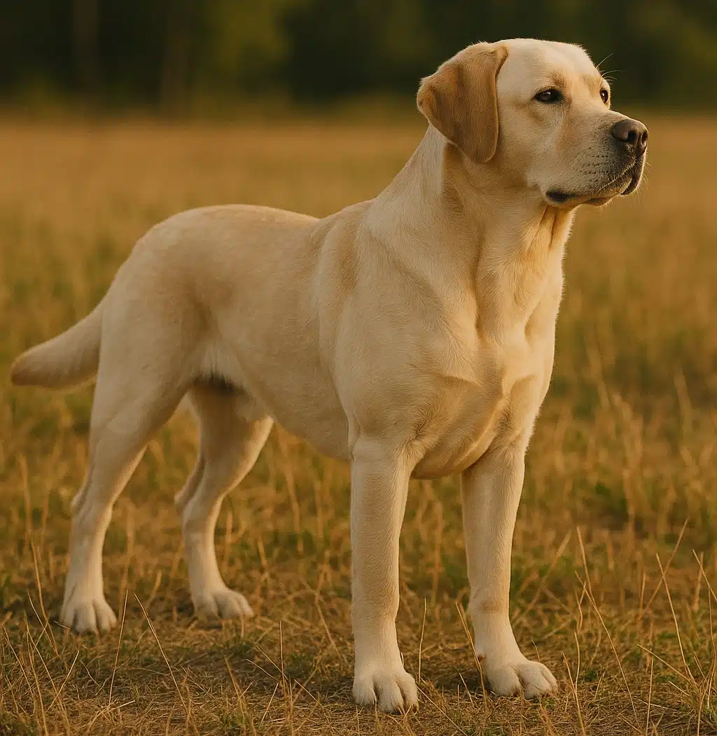 A yellow Labrador Retriever standing in a field and staring intently into the distance.