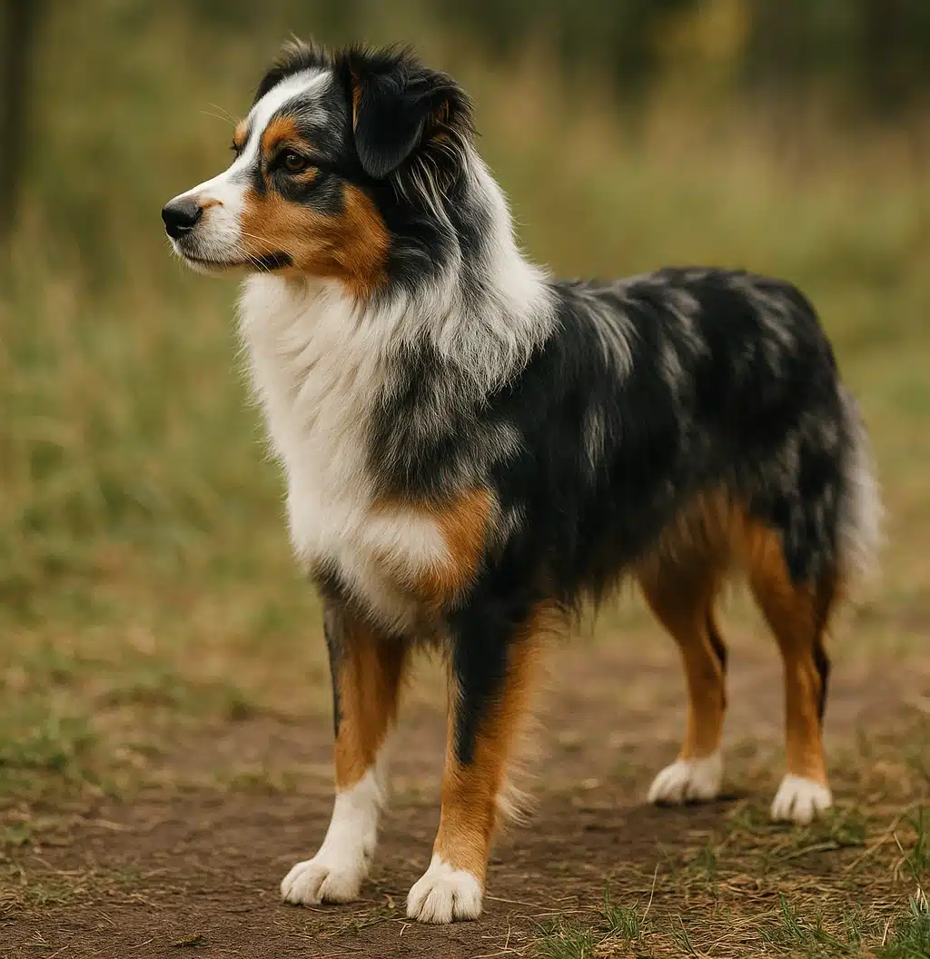 A Miniature American Shepherd dog standing outside and looking intently into the distance.