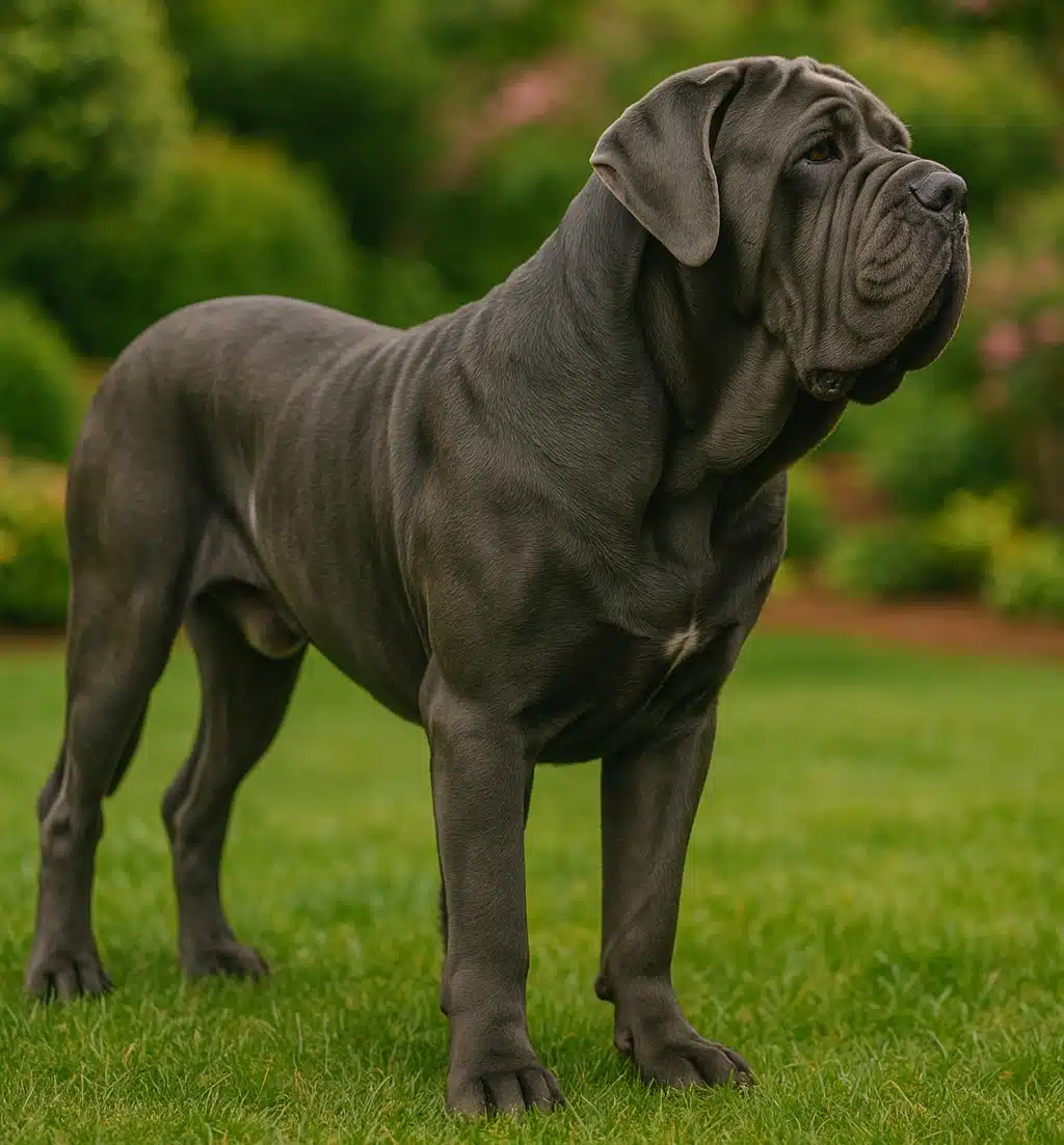 A handsome Neapolitan Mastiff dog standing in the grass.