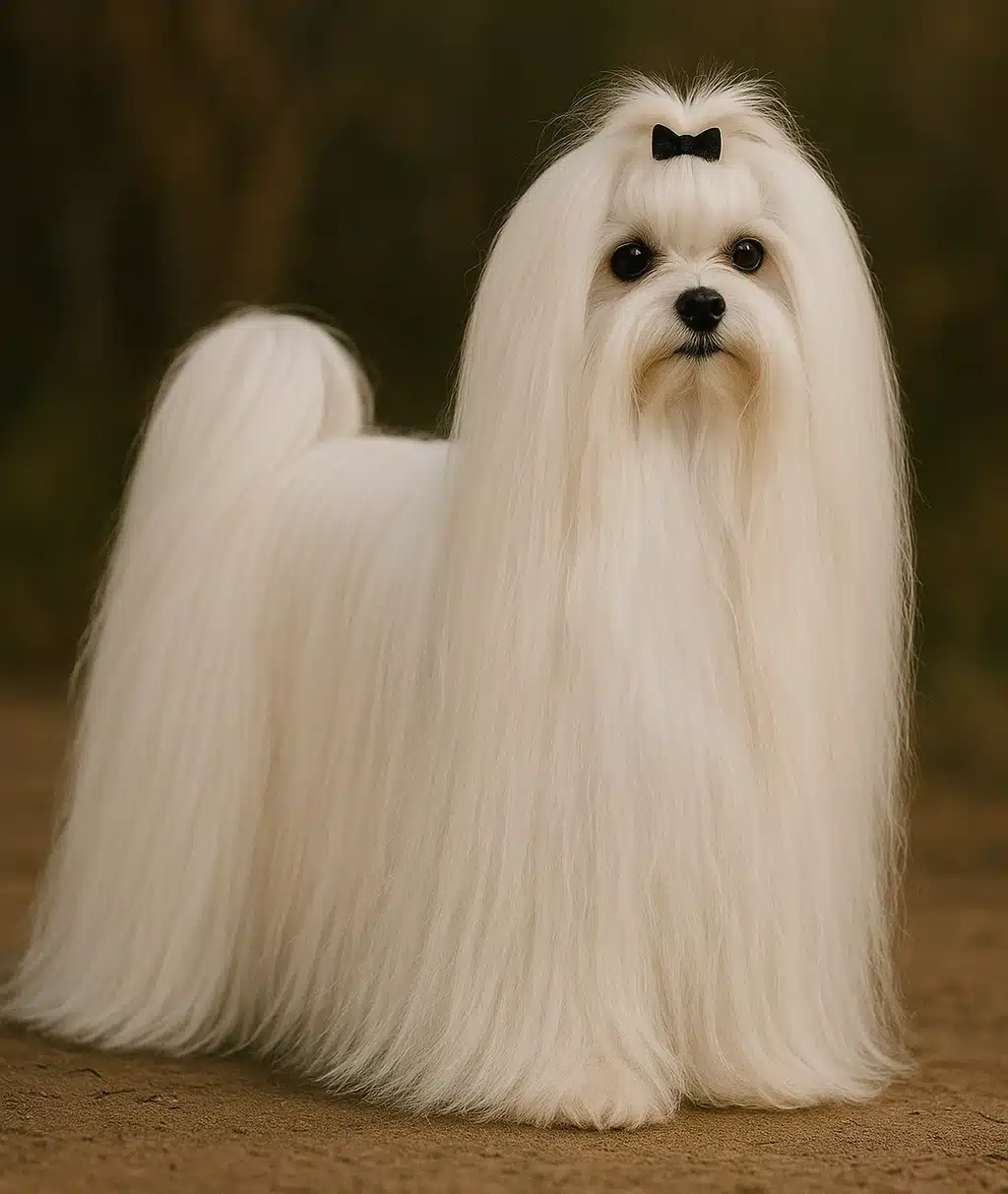 A beautiful white Maltese dog standing and staring at the camera.