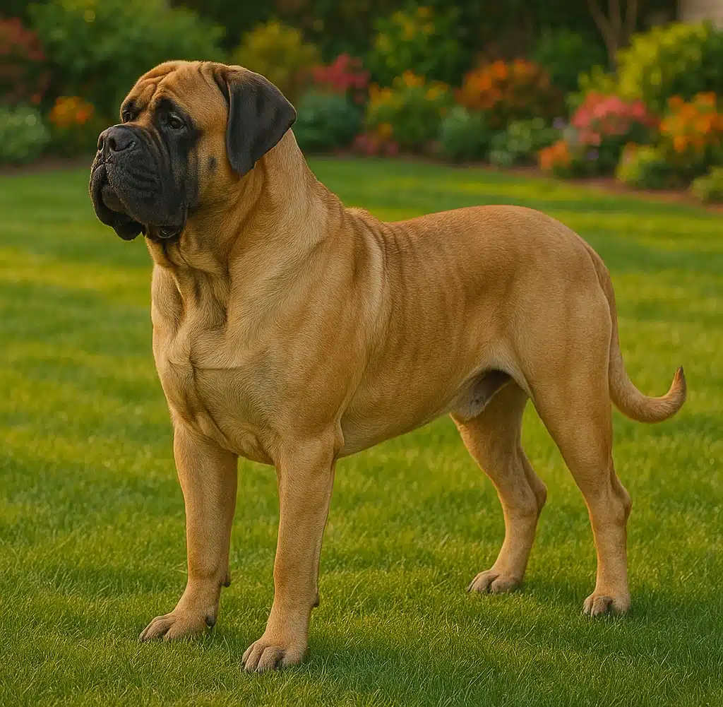 A strong, stately English Mastiff dog standing in a yard.