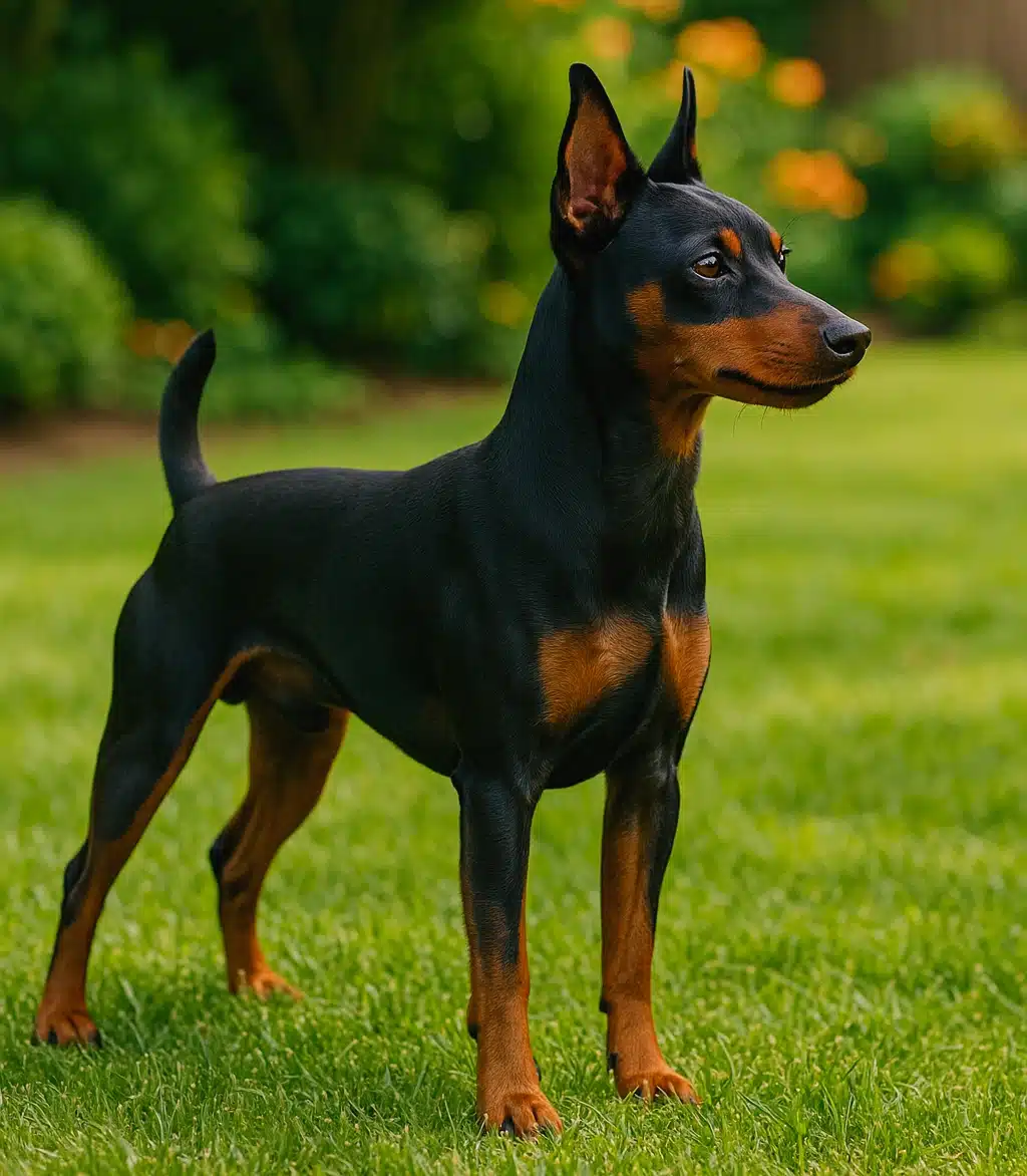 A cute Miniature Pinscher standing in the grass.