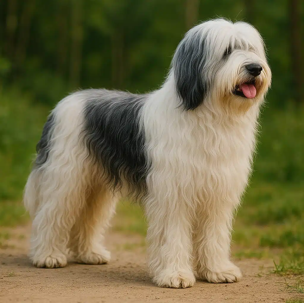 A fluffy Polish Lowland Sheepdog standing on a dirt path and looking attentively into the distance.