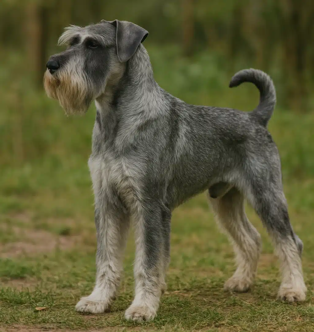 A handsome Standard Schnauzer standing in the field and gazing intently into the distance.