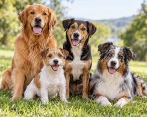 Four dogs of different breeds and sizes sitting together outdoors to illustrate dog DNA breed identification - Dog-Breeds.net Four dogs of different breeds and sizes sitting together outdoors to illustrate dog DNA breed identification