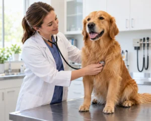 Veterinarian examining a dog in a clinic to illustrate genetic health testing and veterinary care - Dog-Breeds.net Veterinarian examining a dog in a clinic to illustrate genetic health testing and veterinary care
