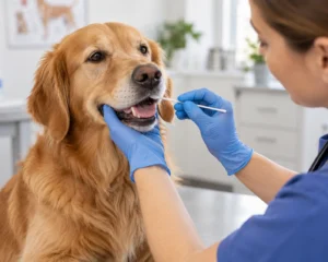 Veterinary professional collecting a cheek swab sample from a dog for DNA testing - Dog-Breeds.net Veterinary professional collecting a cheek swab sample from a dog for DNA testing
